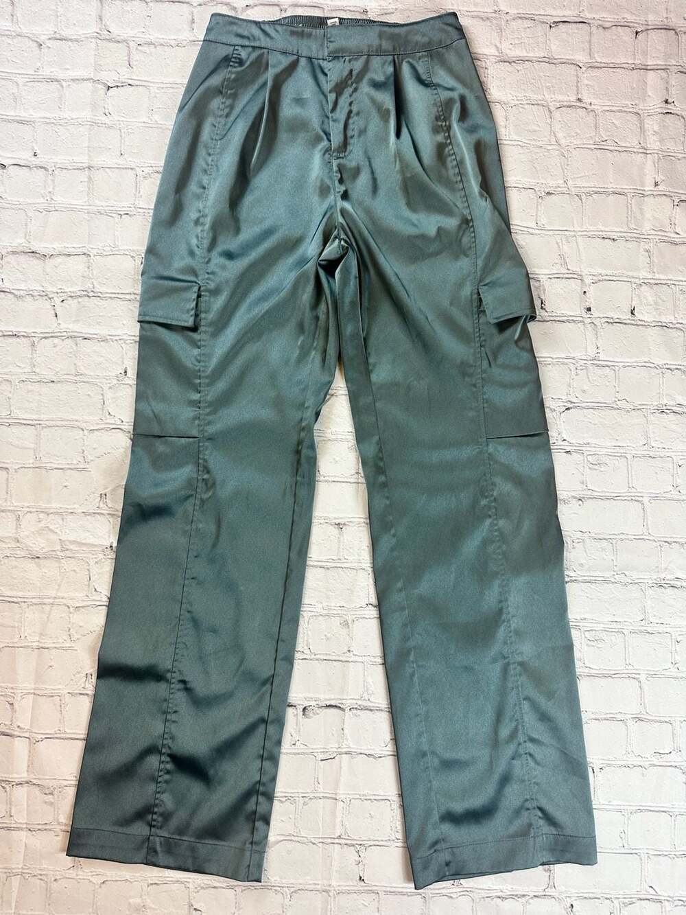 Prologue Women's Green High-Rise Satin Wide Leg Cargo Pants